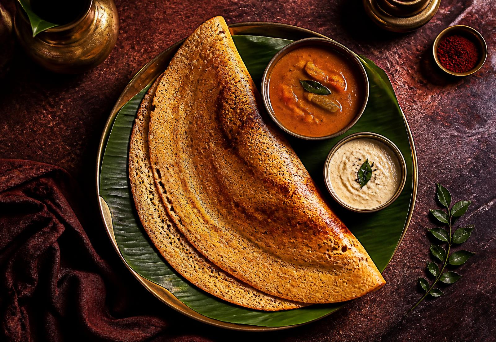 Golden crisp millet dosa served on a banana leaf with sambar and coconut chutney
