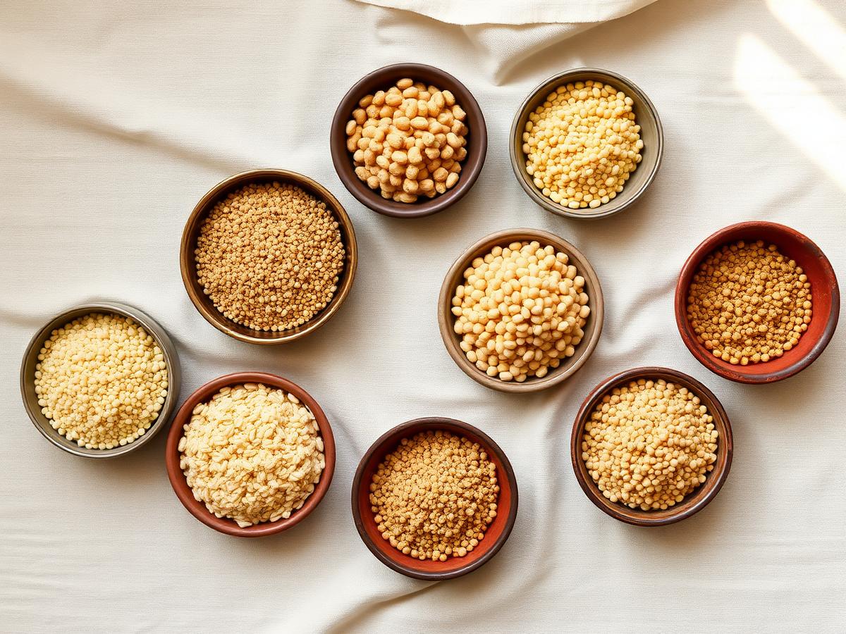 Six varieties of whole millet grains in small brass and clay bowls